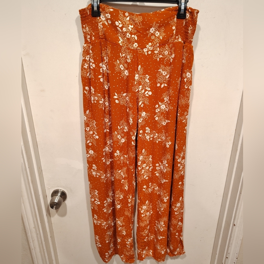 Three Dots Women's Burnt Orange Floral Wide Leg Smocked Waist Palazzo Pants Sz L